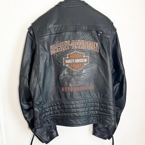 Harley-Davidson 2008 Black Leather Biker Jacket w/Air Vents, Ties for Snug Fit